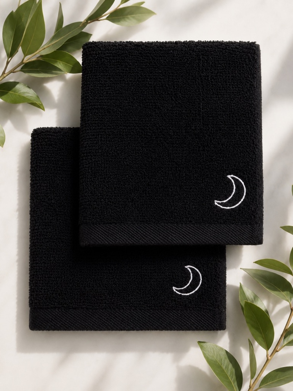 Parachute Black Crescent Moon Embroidered Make Up Set of 2 Towels